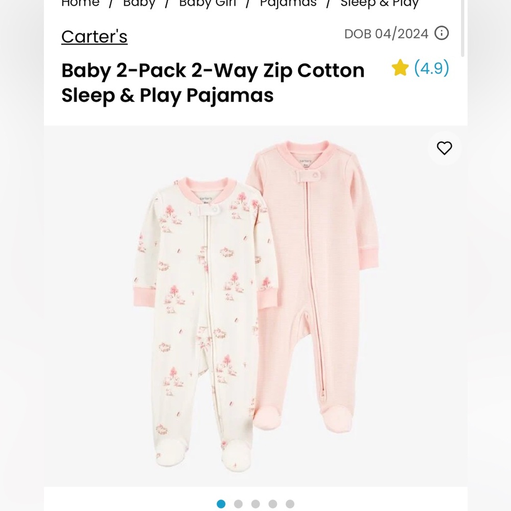 Carter's Pink and White Pajama Set with Zip-Front Design